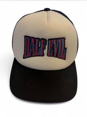 Half Evil Embroidered Trucker Hat - Cream & Black